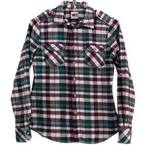 MEC Mountain Equipment Green/Purple Plaid Slim Fit Long Sleeve Shirt Women M